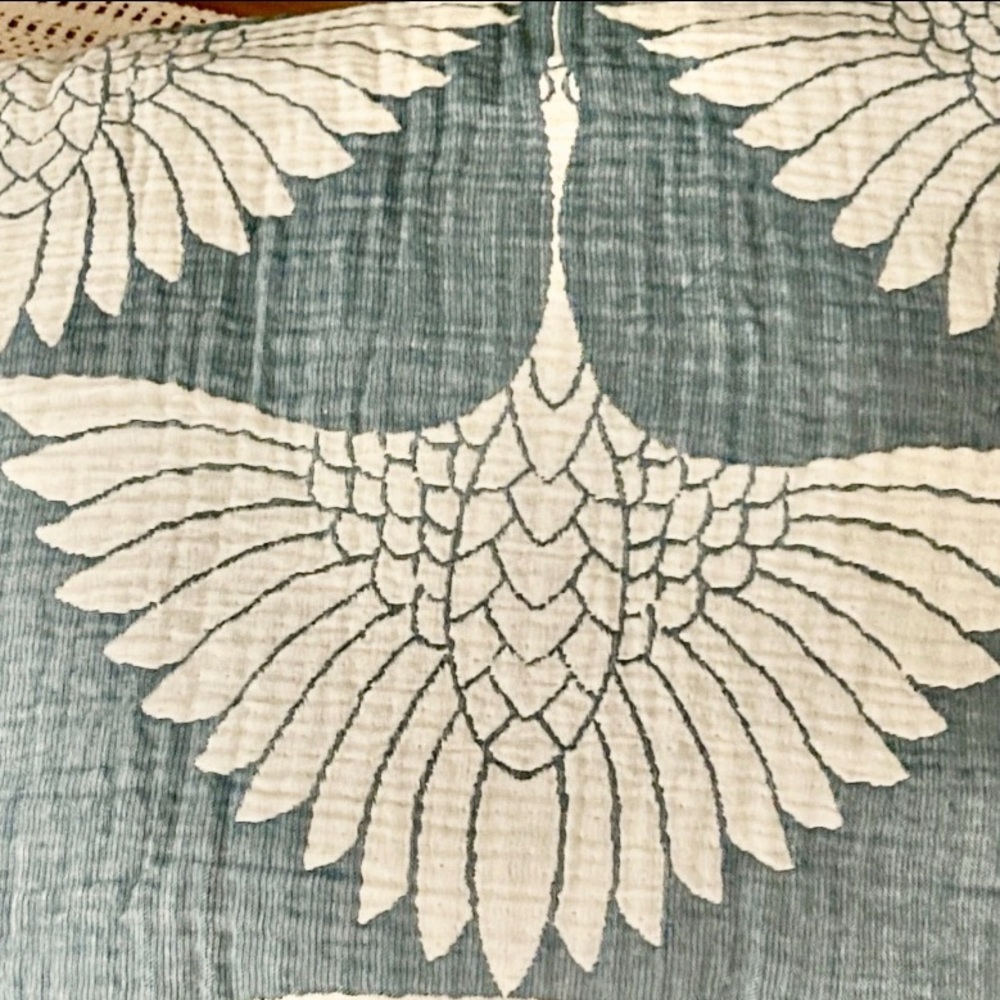 Luxury Bedspread King Organic Muslin Quilted Crinkle 2 Side FLiPSiDE Teal Crane - Picture 7 of 15